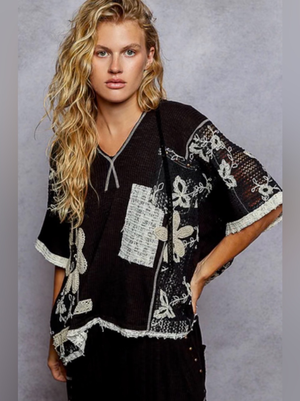 POL Ribbed Knit and Lace Top with Mixed Patches in Black